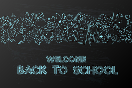 Back to school - concept of a poster with text and funny sketch. Vector.のイラスト素材