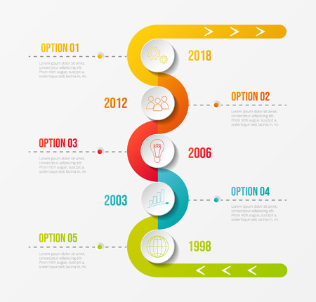 Colourful company timeline with round business icons. Vector.のイラスト素材