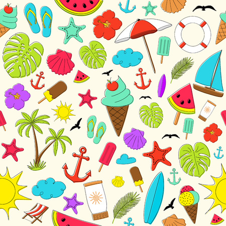 Summer - colourful pattern with cute hand drawn elements. Vector.のイラスト素材