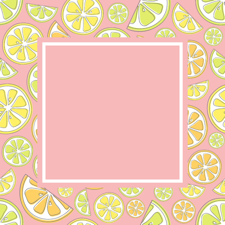 Cute pastel coloured frame with hand drawn citrus fruits. Vector.のイラスト素材