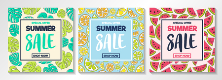 Summer Sale - collection of colourful posters with: tropical leaves, watermelons and citrus fruits. Vector.のイラスト素材