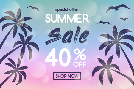 Summer Sale - shiny poster with palms and seagulls. Vector.のイラスト素材
