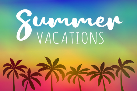 Summertime - silhouette of palm trees on colourful background. Poster with text. Vector.のイラスト素材
