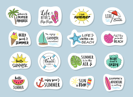 Funny summer typography with icons - big set. Vector.のイラスト素材