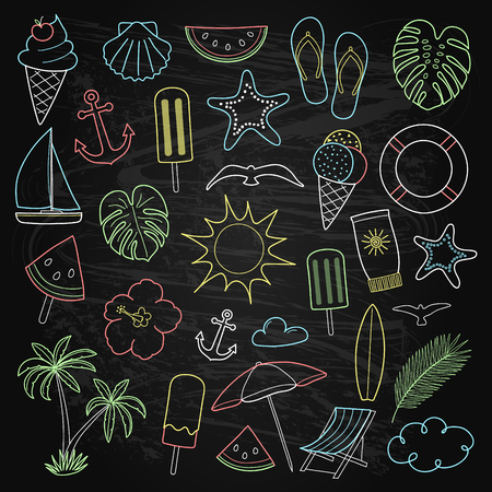 Summer icons - blackboard with sketchy elements. Vector.のイラスト素材