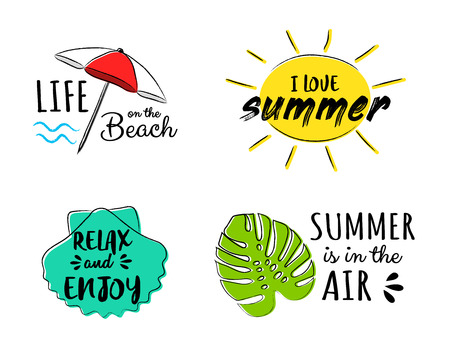 Collection of hand drawn summer icons with funny text. Vector.のイラスト素材