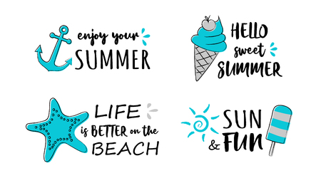 Summertime - hand drawn icons with funny text. Vector.のイラスト素材