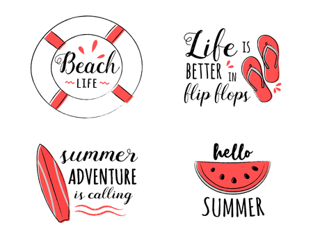 Funny summer elements with text - doodles collection. Vector.のイラスト素材