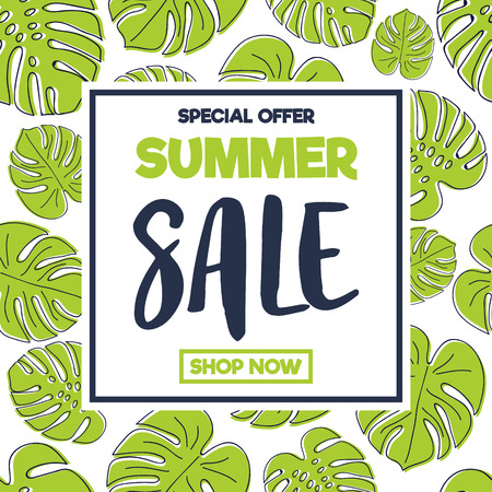 Summer Sale - poster with tropical leaves. Vector.のイラスト素材
