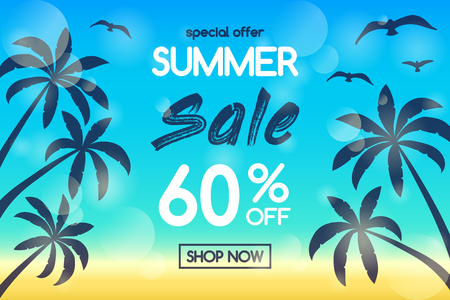 Summer Sale - concept of banner with tropical palms. Vector.のイラスト素材