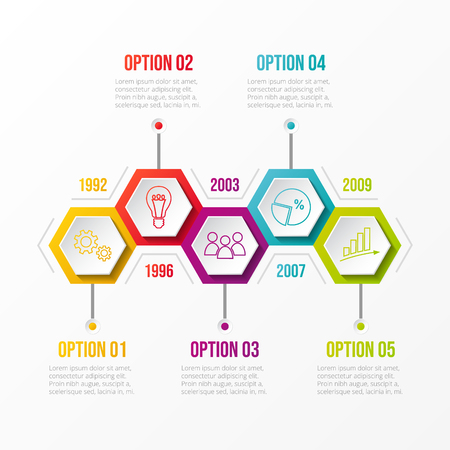 Company milestone with hexagonal icons. Vector.のイラスト素材