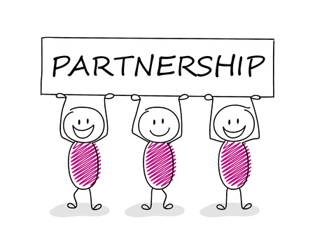 Funny stickman holding a banner with slogan: partnership. Vector.のイラスト素材