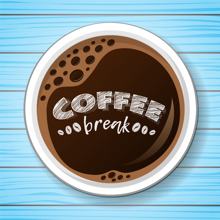 Cup of coffee on blue wooden table - top view. Vector.のイラスト素材