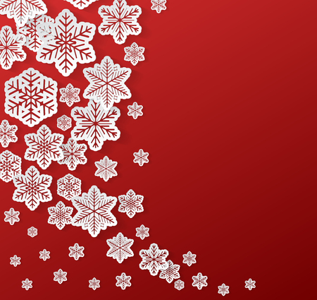 Realistic 3d paper snowflakes on red background - concept of Christmas design. Vector.のイラスト素材