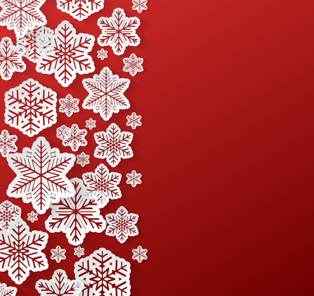 Realistic 3d paper snowflakes on red background - concept of Christmas design. Vector.のイラスト素材