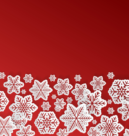 Realistic 3d paper snowflakes on red background - concept of Christmas design. Vector.のイラスト素材