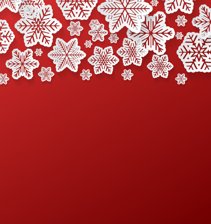 Realistic 3d paper snowflakes on red background - concept of Christmas design. Vector.のイラスト素材