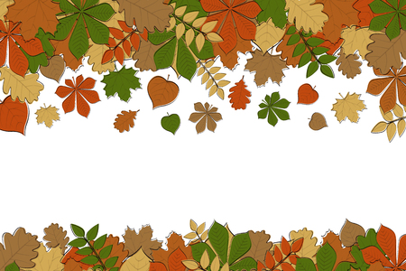 Autumn background with colourful hand drawn leaves. Vector.のイラスト素材