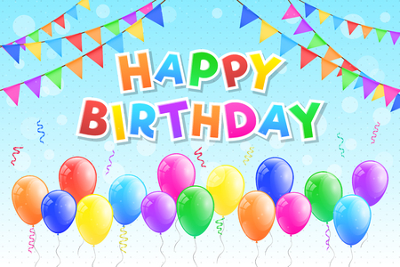 Happy Birthday - colourful card with balloons and confetti. Vector.のイラスト素材