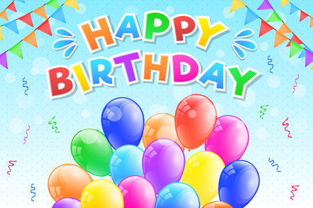 Happy Birthday - colourful card with balloons and confetti. Vector.のイラスト素材