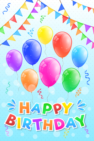 Happy Birthday - colourful card with balloons and confetti. Vector.のイラスト素材