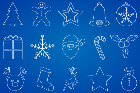 Collection of white had drawn Christmas ornaments. Vector.のイラスト素材