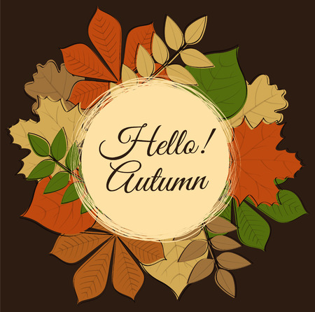 Hello Autumn - poster with leaves. Vector.のイラスト素材