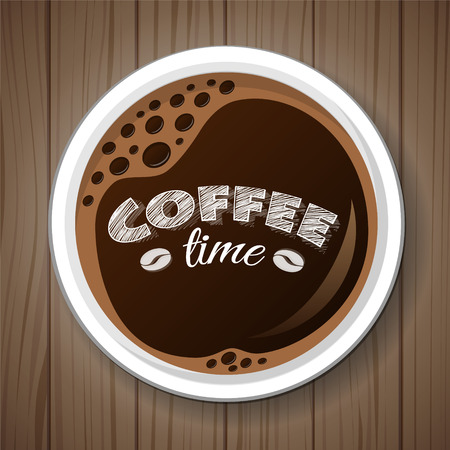 Cup of coffee on wooden retro background. Vector.のイラスト素材