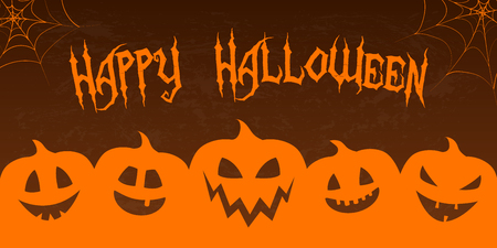 Scary banner for Halloween with funny pumpkin lanterns. Vector.のイラスト素材