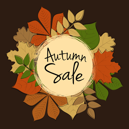 Big Autumn Sale - poster with hand drawn leaves. Vector.のイラスト素材