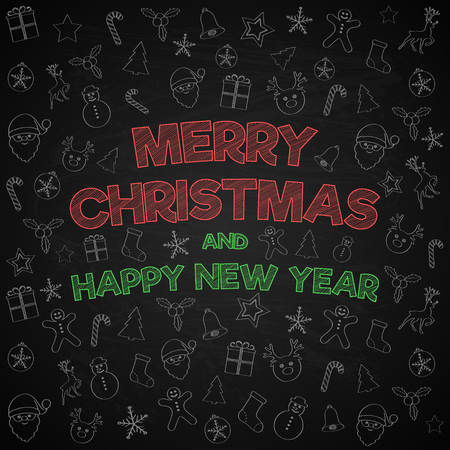 Christmas wishes on blackboard with funny hand drawn decoration. Vector.のイラスト素材