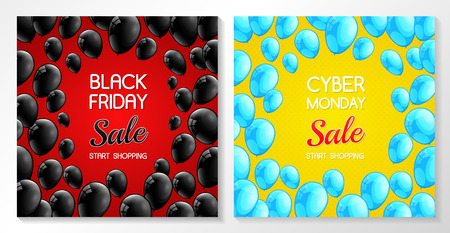 Collection of banners with helium balloons - Cyber Monday Sale and Black Friday Sale. Vector.のイラスト素材