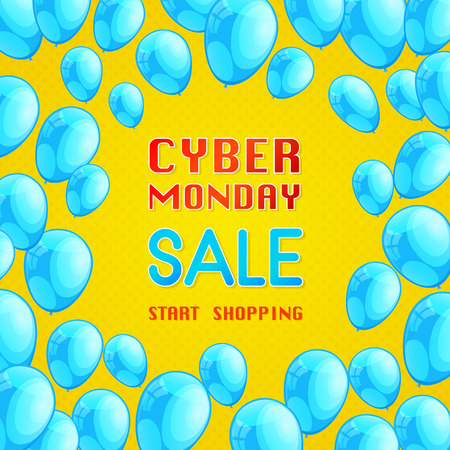 Cyber Monday - banner with shiny blue balloons. Vector.のイラスト素材