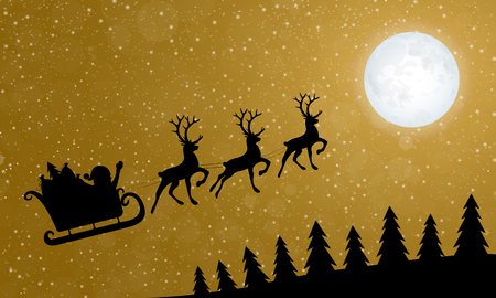 Santa Claus and his sledge with reindeer against a gold colored sky. Vector.のイラスト素材