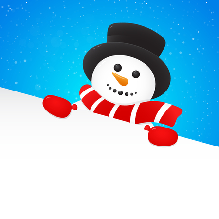 Happy Snowman with hat holding a piece of paper. Vector.のイラスト素材
