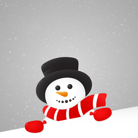 Happy Snowman with hat holding a piece of paper. Vector.のイラスト素材