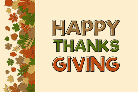 Happy Thanksgiving Day - poster in retro style with hand drawn leaves. Vector.のイラスト素材