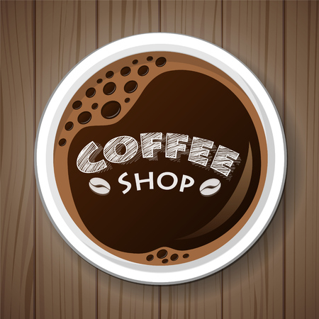 Concept of poster with a cup of coffee on wooden background. Vector.のイラスト素材