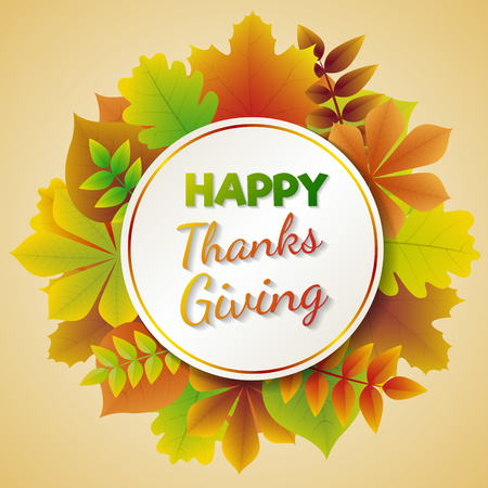 Thanksgiving Day - poster with 3d autumnal leaves. Vector.のイラスト素材