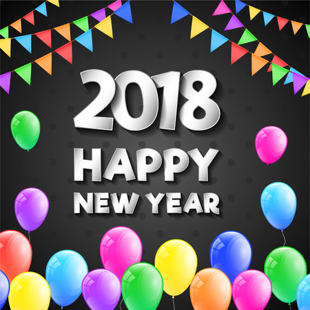 Happy New Year 2018 - poster with balloons and bunting flags. Vector.のイラスト素材