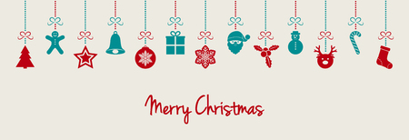 Banner with wishes and hanging Christmas decoration. Vector.のイラスト素材