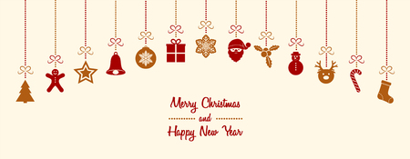 Banner with wishes and hanging Christmas decoration. Vector.のイラスト素材