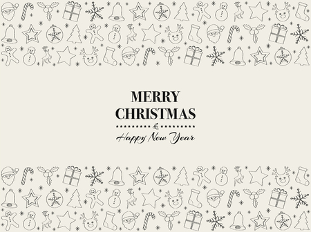 Merry Christmas - banner with greeting and hand drawn icons. Vector.のイラスト素材