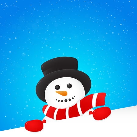 Christmas card with happy Snowman on background with snowflakes and copyspace. Vector.のイラスト素材