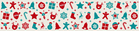Panoramic banner with red and green Christmas icons. Vector.のイラスト素材
