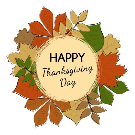 Happy Thanksgiving Day - card with autumnal leaves and greetings. Vector.のイラスト素材