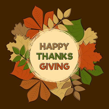 Happy Thanksgiving Day - card with autumnal leaves and greetings. Vector.のイラスト素材
