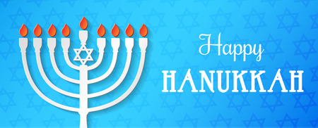 Happy Hanukkah - banner or card with greeting and paper menorah. Vector.のイラスト素材