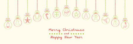 Hanging Christmas balls with hand drawn decorations. Vector.のイラスト素材