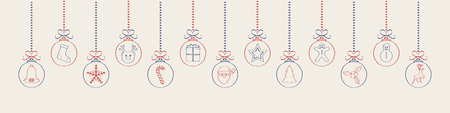 Hanging Christmas balls with hand drawn decorations. Vector.のイラスト素材